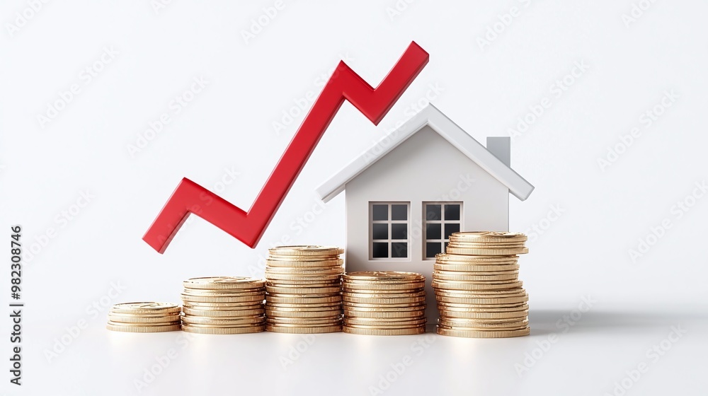 Conceptual image of a house with stacked coins and a rising graph, symbolizing real estate investment growth and financial success. Real estate and property crisis concept. Conceptual image of a house with stacked coins and a rising graph, symbolizing real estate investment growth and financial success. Real estate and property crisis concept.