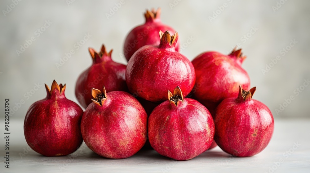 Fresh Red Pomegranates Arranged on a Light Background Fresh Red Pomegranates Arranged on a Light Background