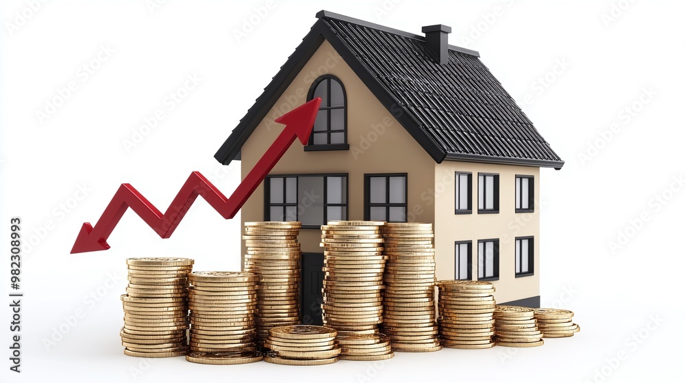Growth in real estate investment represented by coins and a house model with an upward trend. Real estate and property crisis concept. Growth in real estate investment represented by coins and a house model with an upward trend. Real estate and property crisis concept.