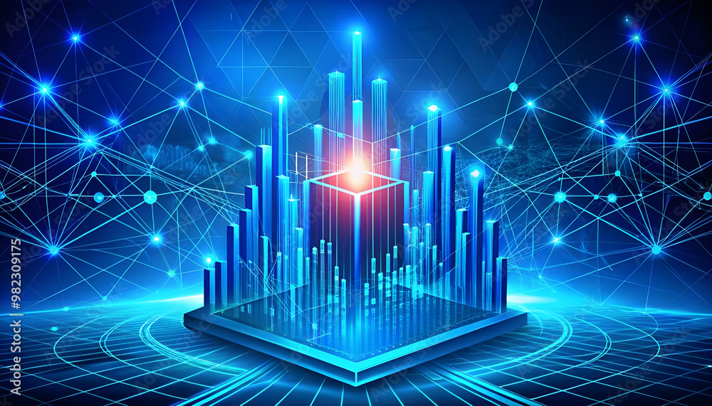 Fototapeta premium AI chip and stock market candlesticks in low poly wireframe tech blue Stock market and artificial