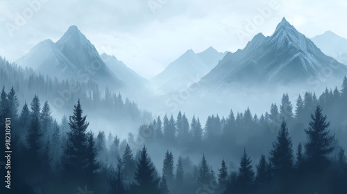 This 2D illustration captures the serene beauty of the Canadian wilderness, featuring majestic mountains shrouded in fog. The digital art style reflects a handmade quality, showcasing soft brush strok