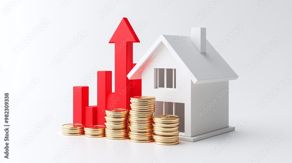 This image illustrates the concept of real estate investment growth with a house, coins, and an upward trend graph. Real estate and property crisis concept. This image illustrates the concept of real estate investment growth with a house, coins, and an upward trend graph. Real estate and property crisis concept.