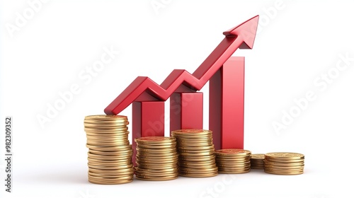 Visual representation of financial growth with coins and an upward trend graph, symbolizing profit increase and investment success. Public debt on economic growth.