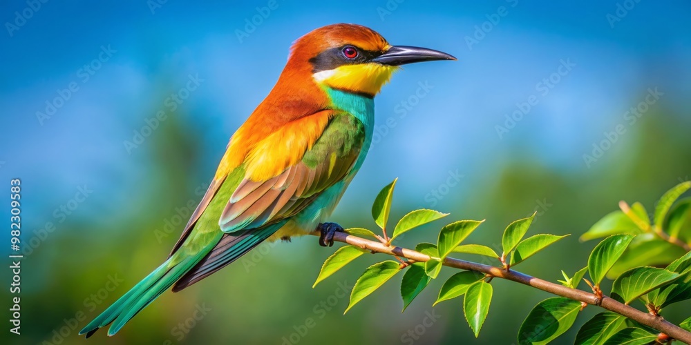 Fototapeta premium Perched atop a branch, the chestnut bee eater's radiant colors seem to glow in the sunlight, as the