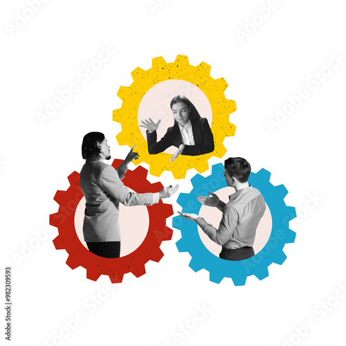 Three business people interacting inside colorful gears, symbolizing teamwork, collaboration, and synchronization of efforts. Contemporary art collage. Concept of business, workflow, progress photo