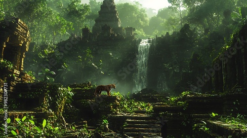 Fototapeta Naklejka Na Ścianę i Meble -  A tiger stands on the ruins of an ancient temple overgrown with lush jungle foliage, a waterfall cascading in the background.