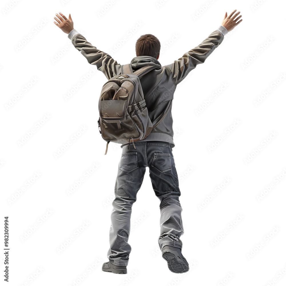 3D model of a student raising their hands in excitement at university, ultra-sharp and clear, isolated on white background 3D model of a student raising their hands in excitement at university, ultra-sharp and clear, isolated on white background