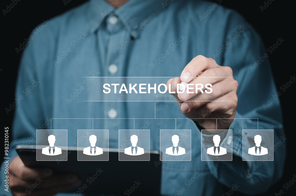 Stakeholders concept. Person touching stakeholders icon on virtual screen for business finance stakeholder investment management. Different stakeholders contact collaboration for company organization. Stakeholders concept. Person touching stakeholders icon on virtual screen for business finance stakeholder investment management. Different stakeholders contact collaboration for company organization.