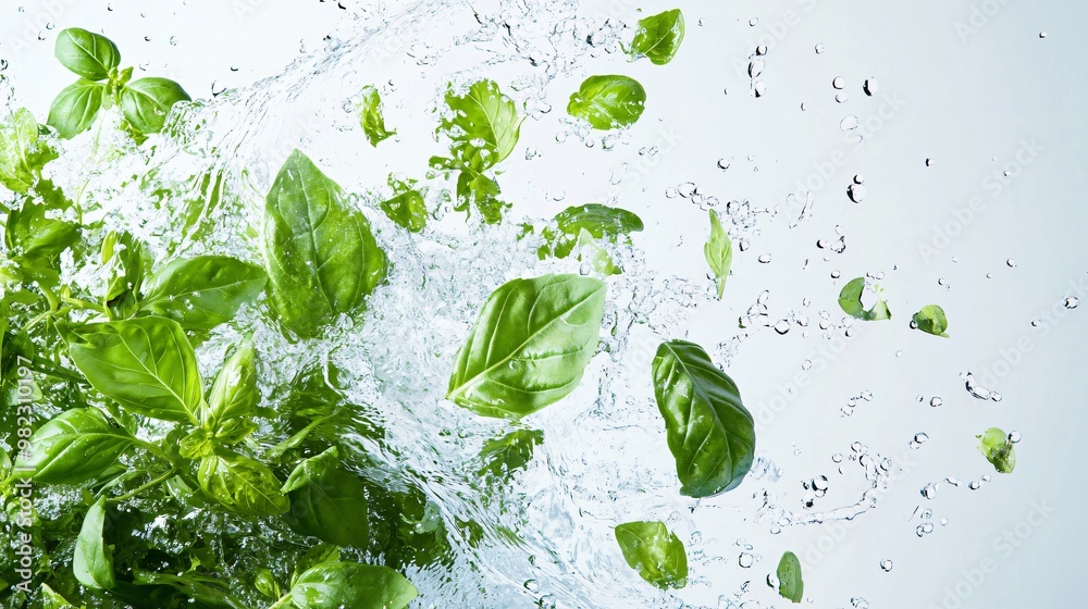 Fresh Basil Leaves Splashing in Clean Water Fresh Basil Leaves Splashing in Clean Water