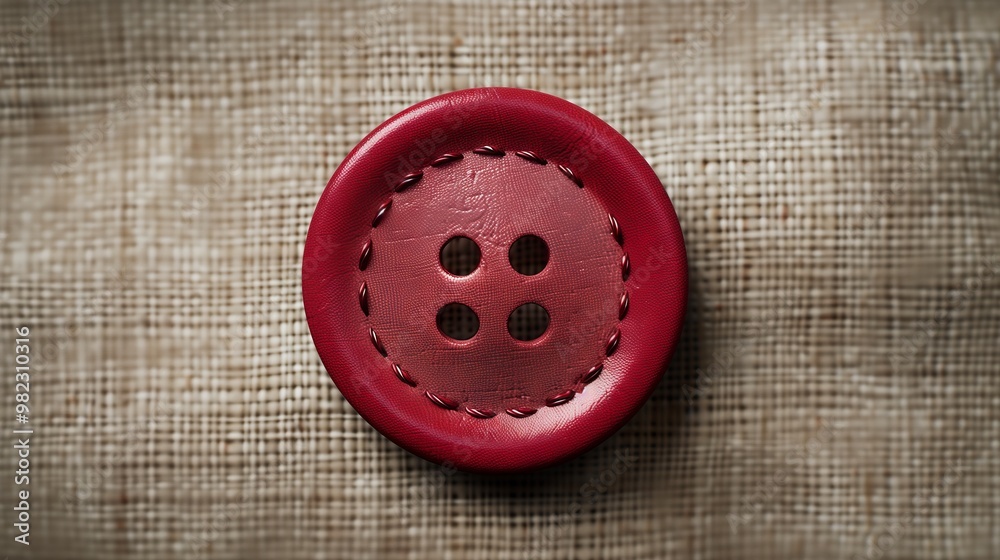 Close-up Photograph of a Red Button on Burlap Fabric for Sewing and Craft Projects