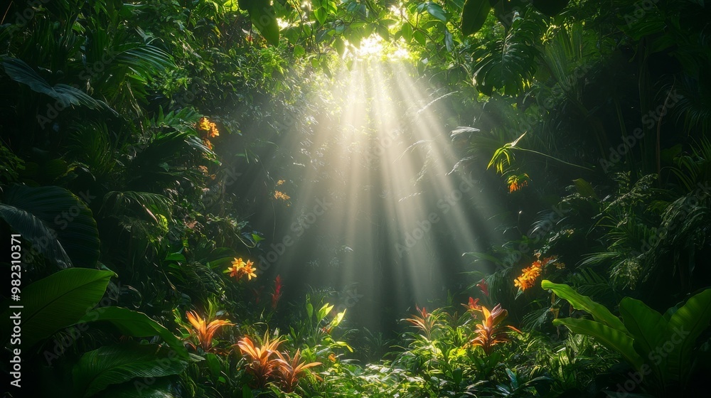 Sunlight Beams Through Dense Tropical Foliage Sunlight Beams Through Dense Tropical Foliage