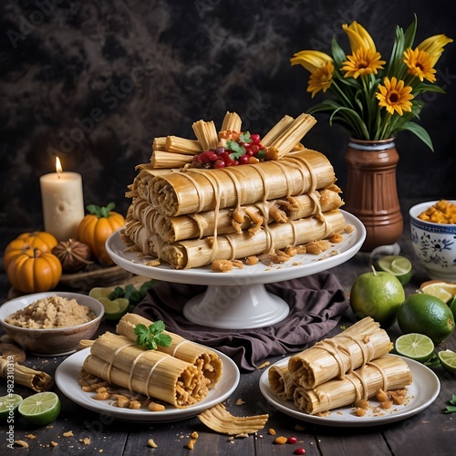 Guajolocombo tradicional: tamales mexicanos en torta acompañados de atole en el dia de muertos photo