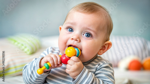 A small child sucks a rattle