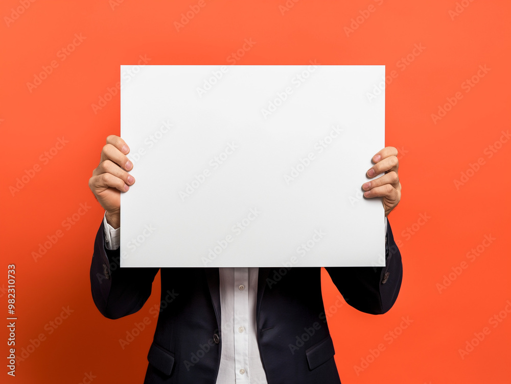 Man in Suit Holding Blank Poster Against Orange Background, Ad Template Man in Suit Holding Blank Poster Against Orange Background, Ad Template