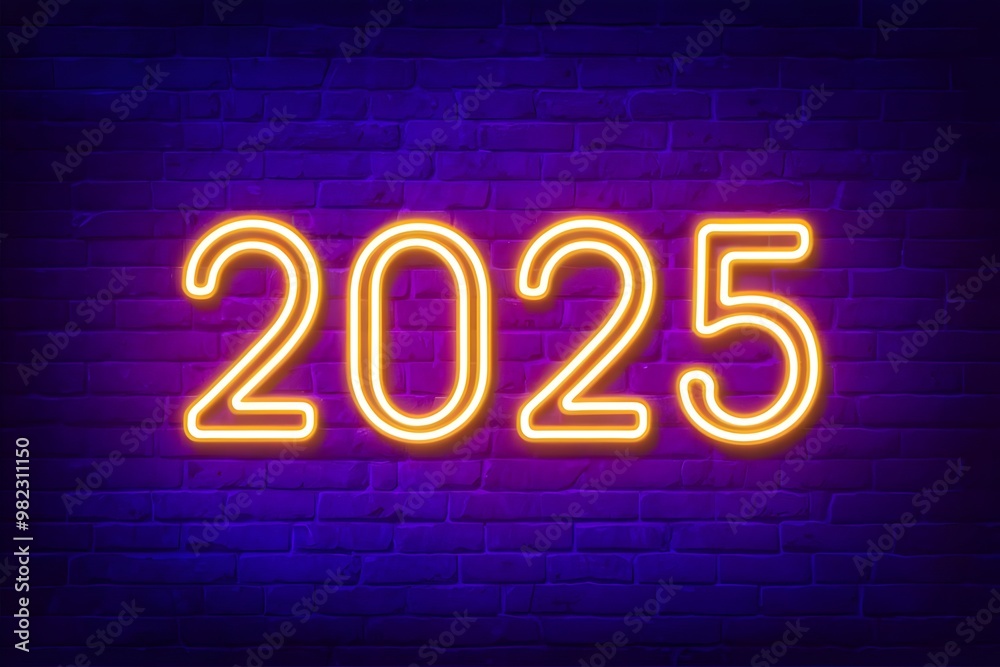 neon glowing 2025, happy new year concept, dark purple brick wall background. neon glowing 2025, happy new year concept, dark purple brick wall background.