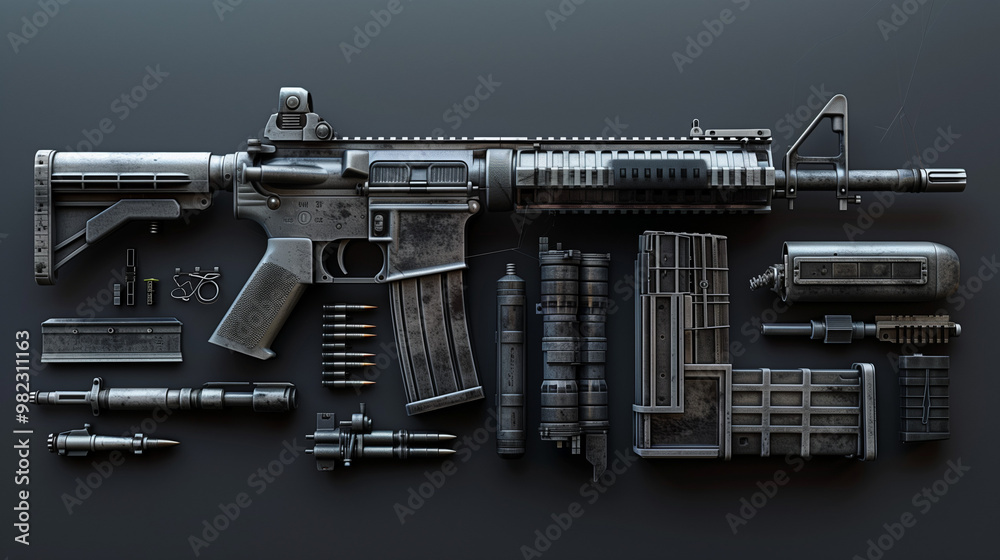 Disassembled assault rifle and components laid out neatly on dark surface, showcasing firearm parts and ammunition in detail Disassembled assault rifle and components laid out neatly on dark surface, showcasing firearm parts and ammunition in detail