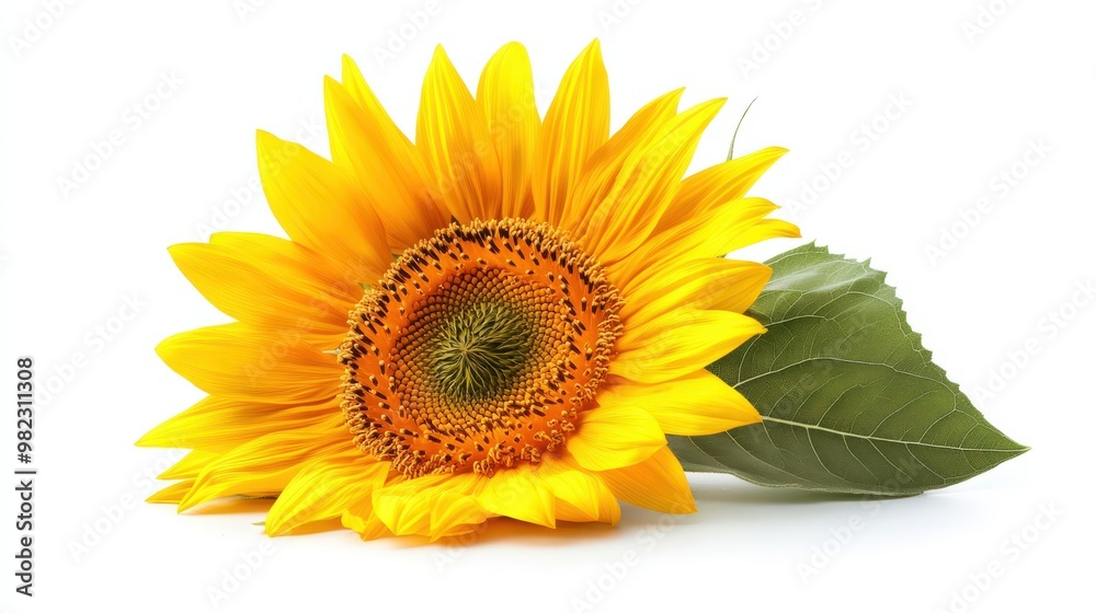 Bright Sunflower with Green Leaf on White Background Bright Sunflower with Green Leaf on White Background