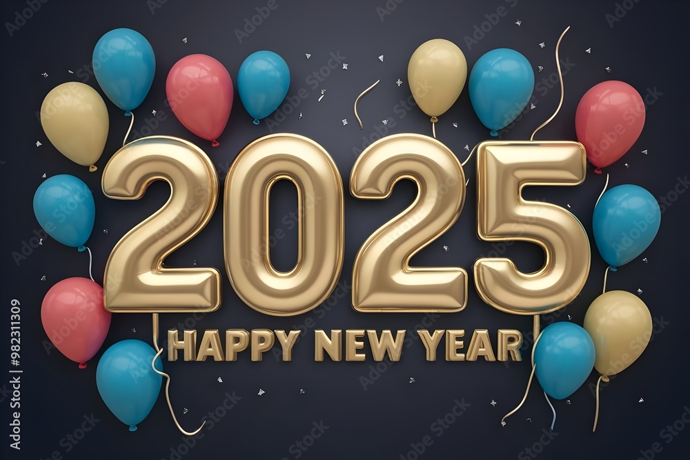 happy new year, golden 2025 number, colorful party balloons and streamers on a dark background. ideal for celebrations, party decorations, and festive designs. happy new year, golden 2025 number, colorful party balloons and streamers on a dark background. ideal for celebrations, party decorations, and festive designs.