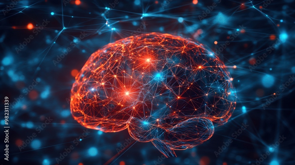 Human Brain 3D Illustration with Technology Pathways Human Brain 3D Illustration with Technology Pathways