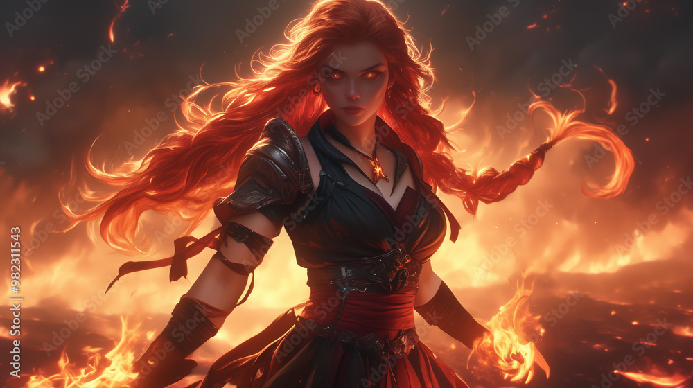 fire genasi female with fiery hair standing confidently in a blaze with flames swirling around her fire genasi female with fiery hair standing confidently in a blaze with flames swirling around her