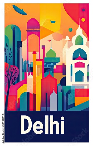 Colorful modern representation of Delhi showcasing architectural landmarks and vibrant urban life at dusk #982311528