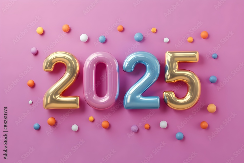 Happy New Year 2025 Metallic numbers in pastel gold, pink and blue, colorful confetti on a pink background. festive and celebratory image, perfect for greetings, poster, banner and card design. Happy New Year 2025 Metallic numbers in pastel gold, pink and blue, colorful confetti on a pink background. festive and celebratory image, perfect for greetings, poster, banner and card design.
