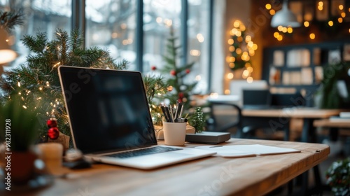 Open office space decorated for Christmas holidays with trees and ornaments, creating warm and festive atmosphere at workplace