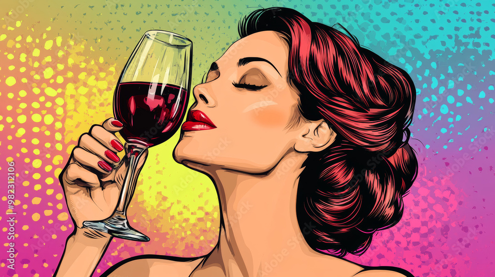 Woman enjoying a glass of red wine, depicted in a pop art retro vector illustration. Woman enjoying a glass of red wine, depicted in a pop art retro vector illustration.