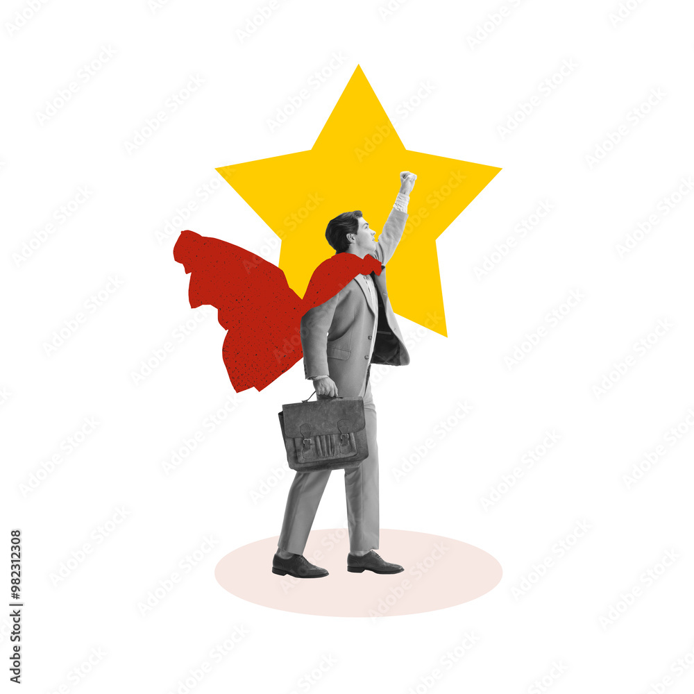 Man with red cape and briefcase reaching towards large yellow star. Motivation and ambitions for professional growth. Contemporary art collage. Concept of business, learn and lead, achievement Man with red cape and briefcase reaching towards large yellow star. Motivation and ambitions for professional growth. Contemporary art collage. Concept of business, learn and lead, achievement