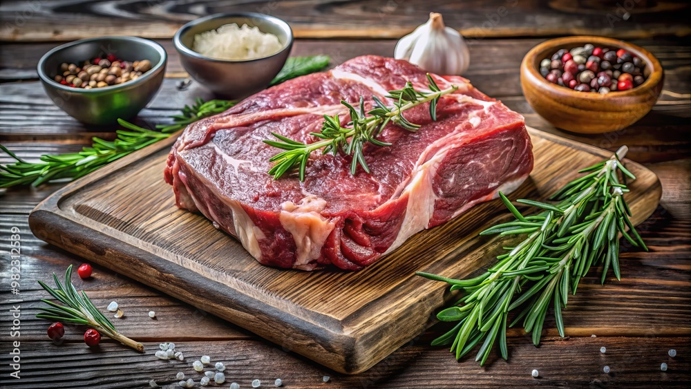 Richly marbled raw rib eye steak rests on a cutting board, surrounded by fragrant fresh herbs and aromatic Richly marbled raw rib eye steak rests on a cutting board, surrounded by fragrant fresh herbs and aromatic