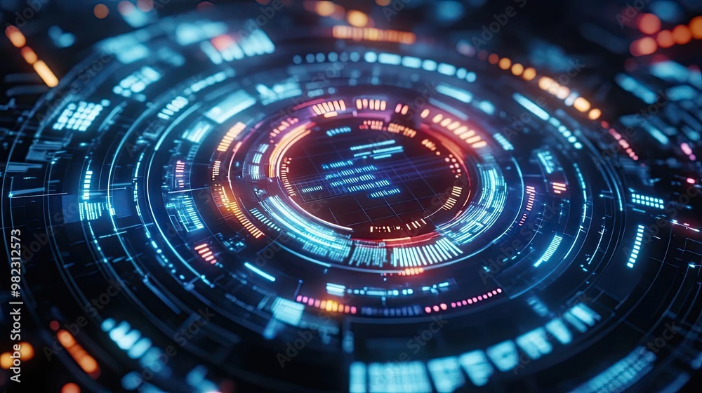 Futuristic digital interface with glowing circular elements, perfect for technology and science fiction concepts.