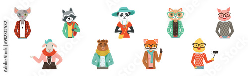 People Character with Animal Heads and Trendy Clothes Vector Set