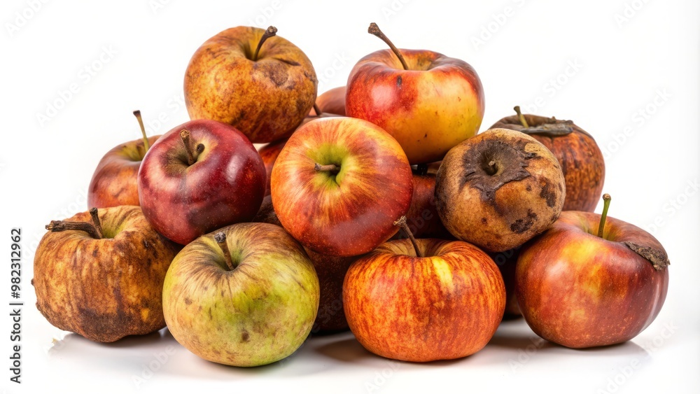 Rotten and bruised apples sit alone on a white studio background, their ...