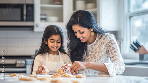 Indian mother and daughter baking cookies together in the kitchen