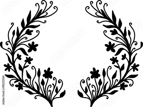 cute vector flat illustration of flower floral ornament black and white silhouette