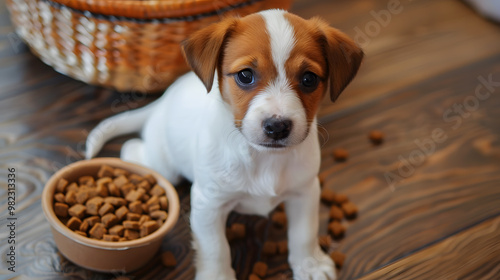 A small cute Jack Russell puppy near a bowl of food. AI Generated