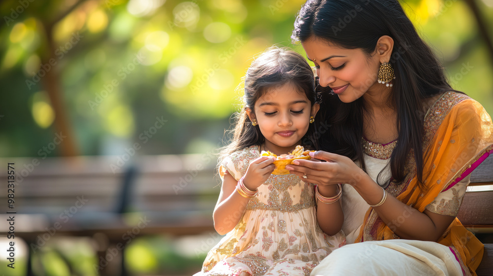 Indian mother and daughter sharing a snack on a park bench Indian mother and daughter sharing a snack on a park bench