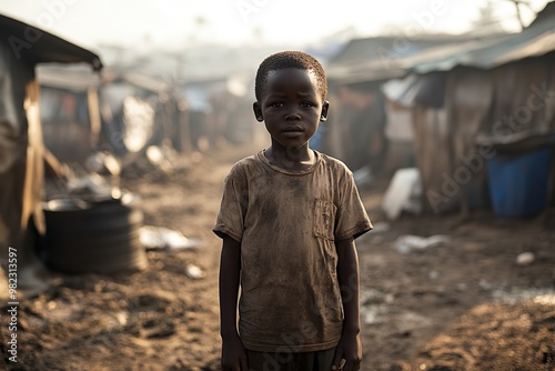 A young black African boy stands in a dusty urban slum with uncertainty