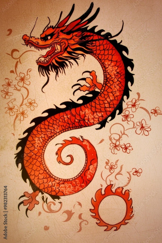 Red Dragon Tattoo Design on Grunge Background Red Dragon Tattoo Design on Grunge Background