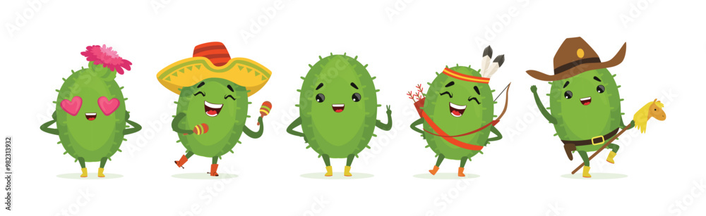 Fototapeta premium Green Cactus Funny Character Engaged in Different Activity Vector Set