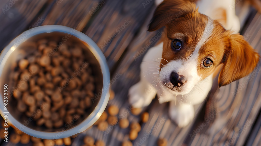 A small cute Jack Russell puppy near a bowl of food. AI Generated A small cute Jack Russell puppy near a bowl of food. AI Generated
