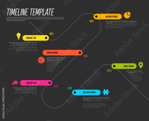 Simple timeline template made of rainbow color thick line segments on dotted time line. Multipurpose dark infochart template displaying main milestones or important stages on diagonal timeline path.