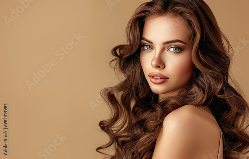 Fashionable female model with fresh clean skin, natural makeup and long wavy hairstyle posing on studio background. Coiffure, cosmetic and hair care concept