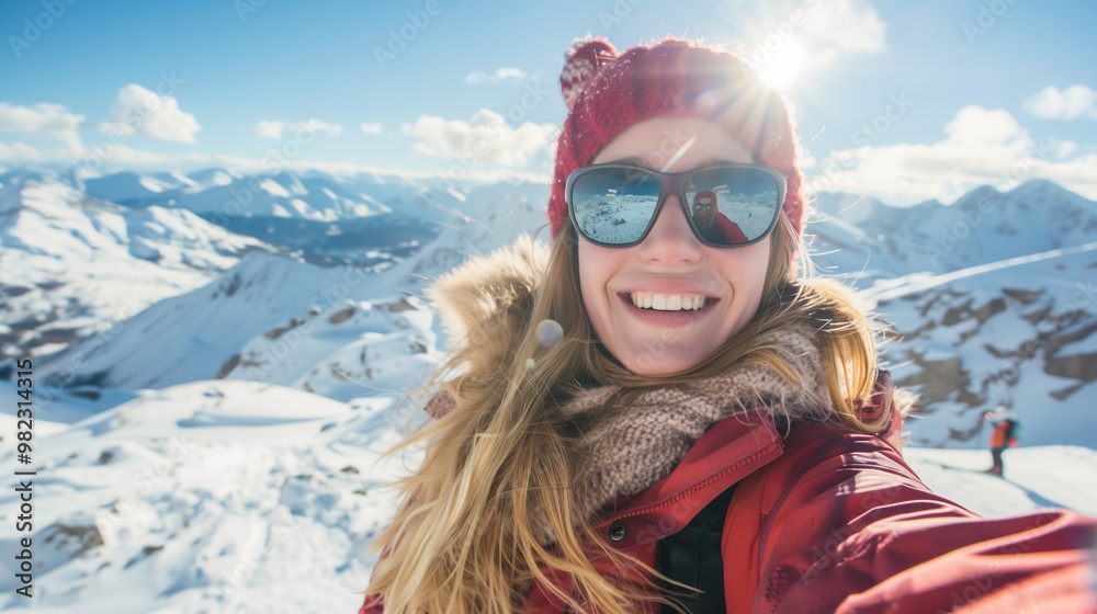 Cute woman having fun outdoor in alpine landscape with snowy mountain. Adventure winter sport. Winter holiday, ski, travel concept Cute woman having fun outdoor in alpine landscape with snowy mountain. Adventure winter sport. Winter holiday, ski, travel concept