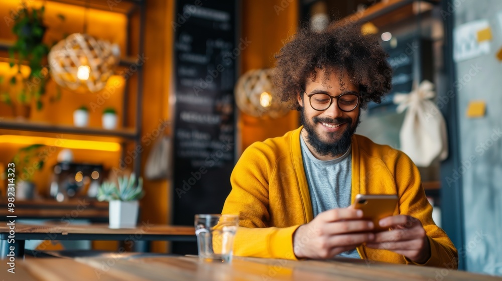 Fototapeta premium Man Using Smartphone in a Cafe