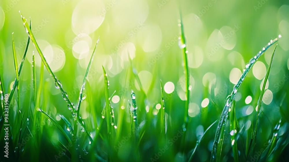Fototapeta premium Dewdrops on Green Blades of Grass with Blurred Background