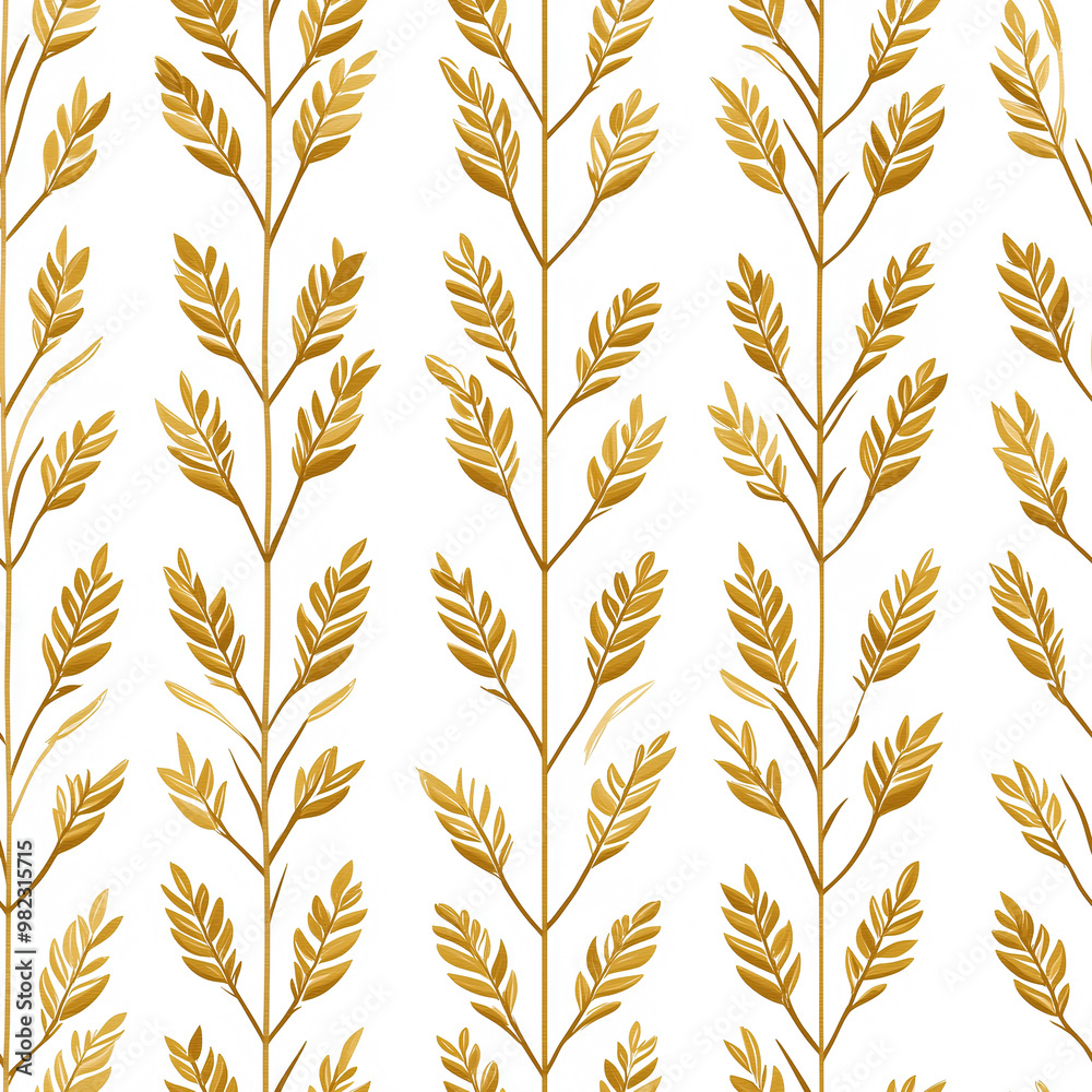 Gold wheat sheaf seamless pattern on white background for fabric, curtain, carpet, wallpaper, clothing, wrapping, vector illustration.