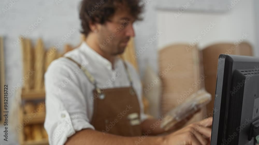 Young man in a bakery shop operating a computer screen wearing an apron surrounded by bread loaves in the background. Young man in a bakery shop operating a computer screen wearing an apron surrounded by bread loaves in the background.