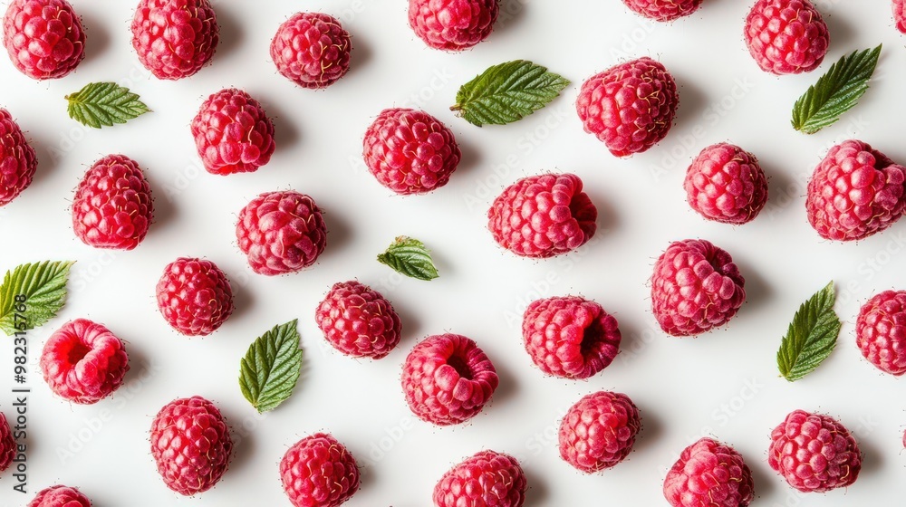 Fresh Raspberries with Green Leaves on White Background Fresh Raspberries with Green Leaves on White Background