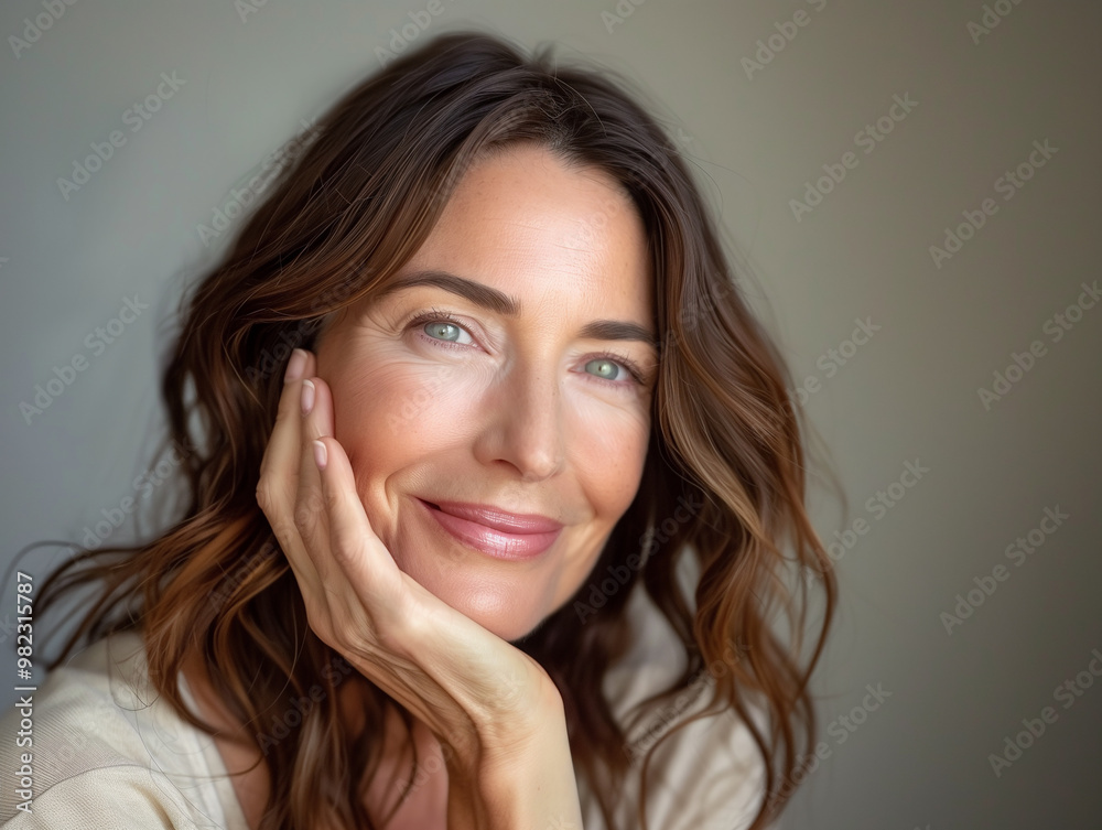 Nice senior woman touching her perfect clean fresh skin. Beautiful portrait mid 50s aged woman advertising facial antiage lift products and salon care on grey studio background Nice senior woman touching her perfect clean fresh skin. Beautiful portrait mid 50s aged woman advertising facial antiage lift products and salon care on grey studio background